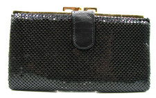 Whiting and Davis Kiss Lock Snap Black Metallic Mesh Clutch Coin Purse Wallet