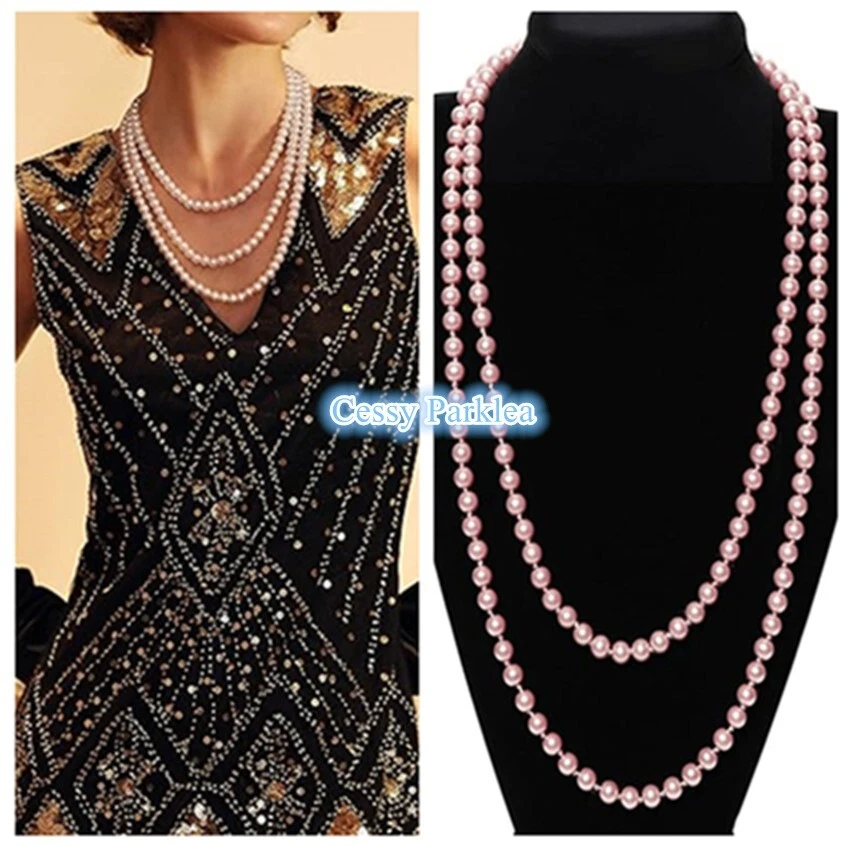 SN-A4-1 1920's 150cm Flapper Gangster Costume Long Bead Pearl Necklace Pink