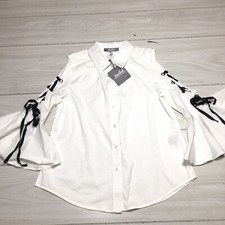 Marled White Lace Up Long Sleeves Blouse M