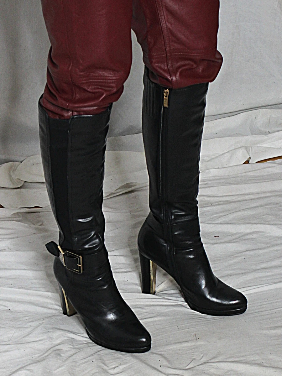 Ladies black leather knee high boots size 4 sales