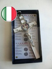CROCIFISSO CROCE DI SAN BENEDETTO ARGENTO SMALTO BIANCO CM 20 100% MADE IN ITALY