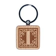 Monogram Swirls Capital Letter I Engraved Wood Square Keychain Tag Charm