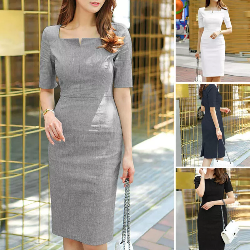Women Short Sleeve Square Neck Bodycon Knee Length Dress Cocktail Party Dresses