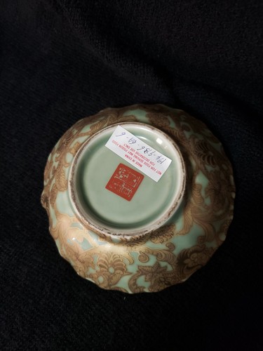 Celadon Green Arabesque Chinese Porcelain Detailed Gold Guild Trinket Dish Plate - Picture 6 of 9