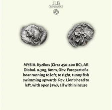 Ancient Greek, Mysia. Kyzikos Circa 450-400 BC Silver Diobol Boar / Lion.