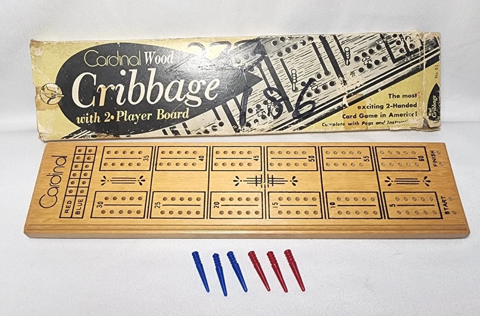 Vintage Cardinal Wood Cribbage Game 2 Player Board with 6 Pegs Box Wooden Board - Image 2 of 4