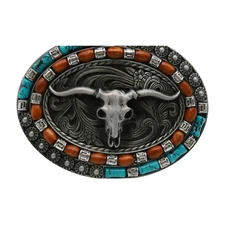 Men Dark Silver Metal Belt Buckle Western Fashion Bull Long Horn Brown Turquoise