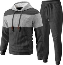 Mens Tracksuit 2 Piece Set Waffle Jacquard Hoodie Sweatpants Jogging Sweatsuit
