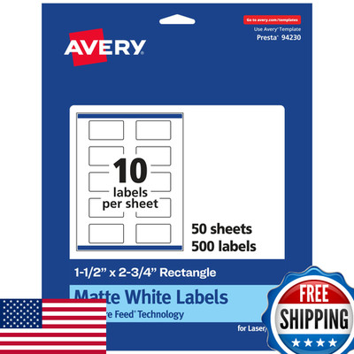 Avery Matte White Rectangle Labels Sure Feed Technology 1.5x2.75 500