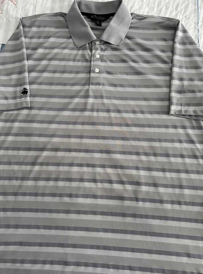 BROOKS BROTHERS 男式 SS 灰色蓝色条纹涤纶高尔夫 Polo 衫 XXL — 第 2/4 张图片