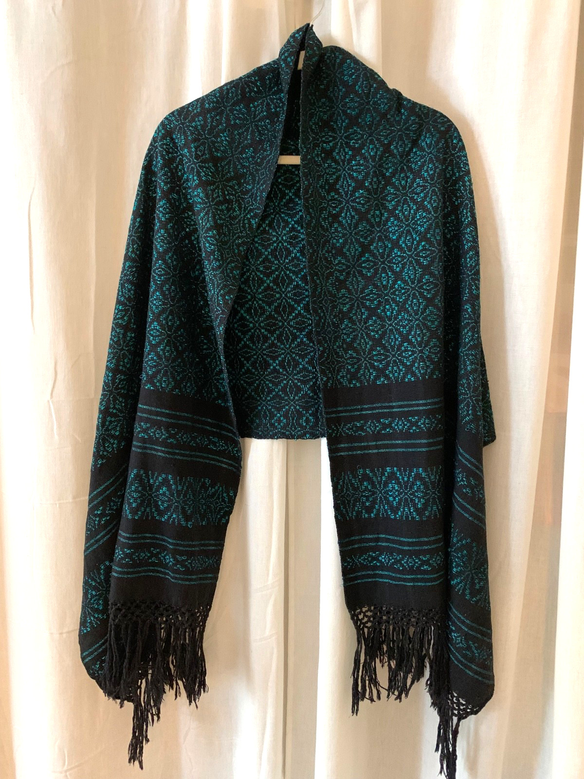 Mexican Handwoven Zapotec Shawl Cotton - Turquoise & Black
