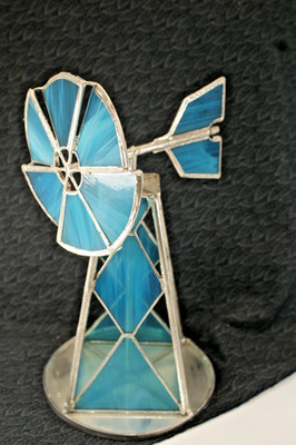 SG#6 - Stained Glass 3D Windmill, Blue Glass, 9 1/2 X 6 inches