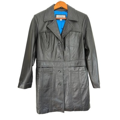 Wilsons Leather Maxima Black Leather Trench Coat Jacket Blue Lining Large VTG