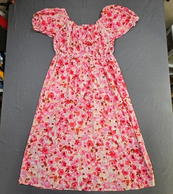 H&M XL Cottage Core Floral Midi Dress Pink/Red Smocked Puff Sleeve Off  Shoulder | eBay
