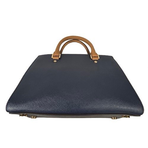 Michael Kors Selma Saffiano Leather Satchel Shoulder Bag Tricolor Navy White Tan - Picture 12 of 23