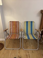 Vintage Folding Chair Pair Striped Deck Chairs Camping Garden Beach Retro Wood