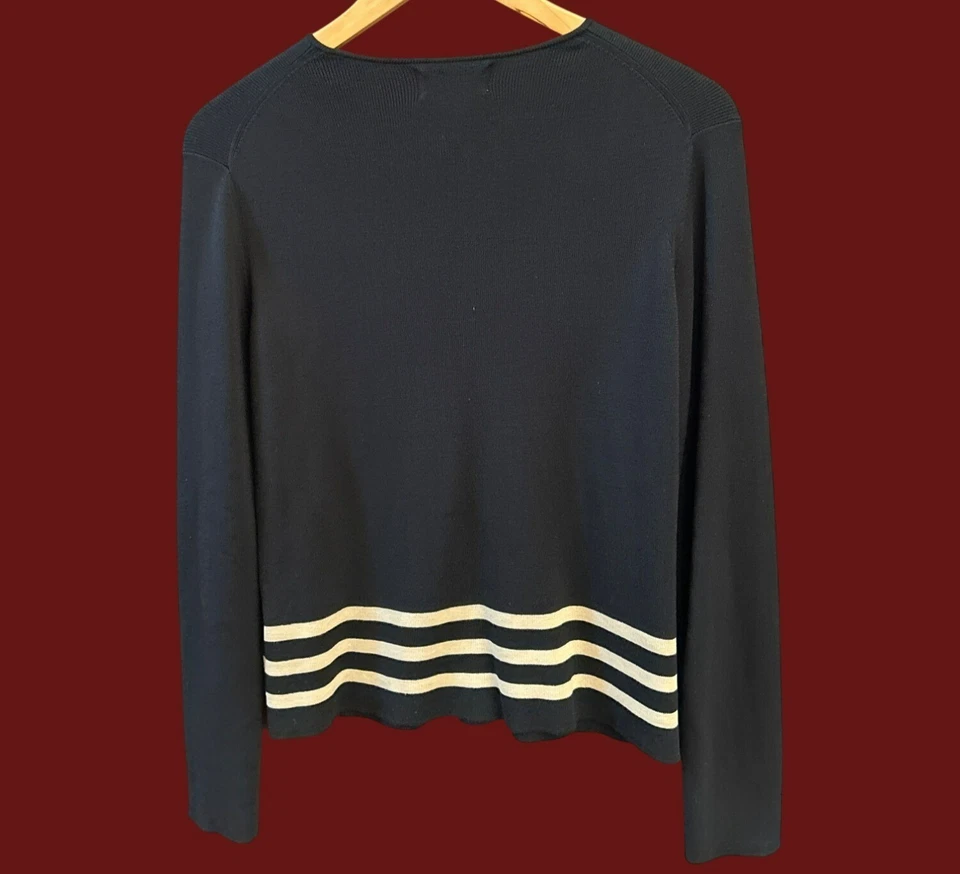 Vintage 90s Rena Rowan Silk Blend Cardigan Black Striped Nautical Preppy Small - Image 3 of 4