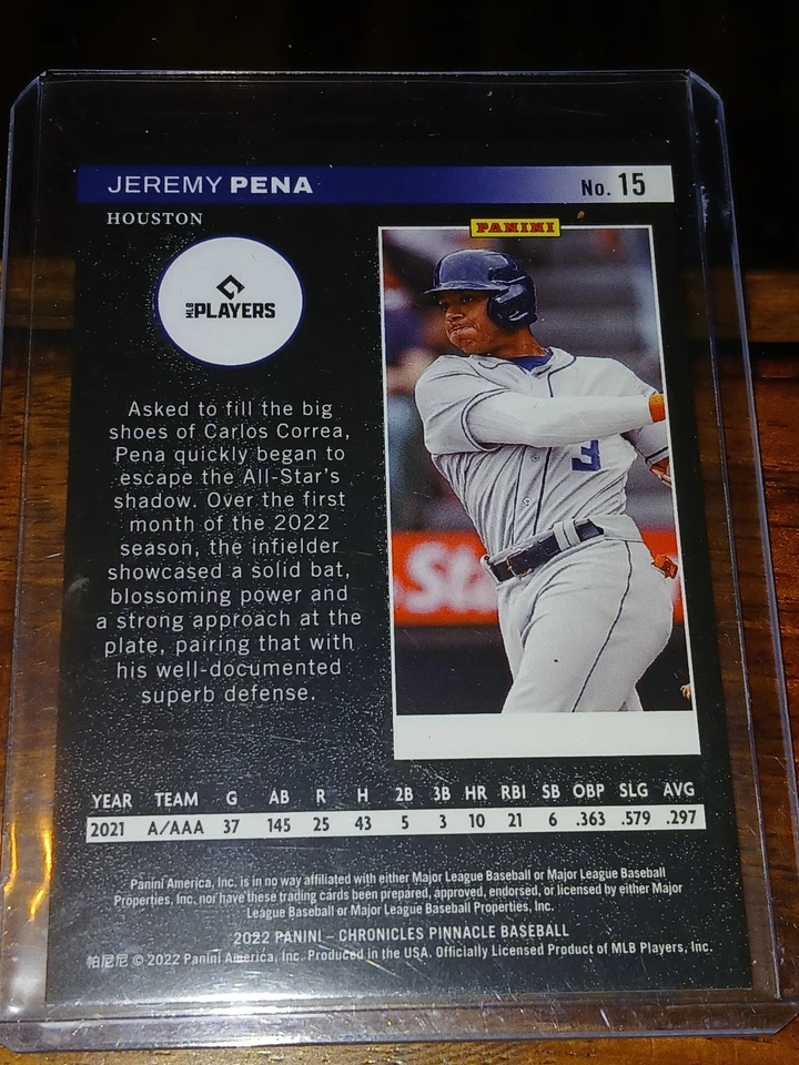 2022 Panini Chronicles - JEREMY PENA - Pinnacle Blue 33/50  #15 Rookie RC - Image 2 of 2
