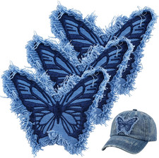 3Pcs Blue Denim Butterfly Iron on Patches, Sew on Embroidered Applique with Frin