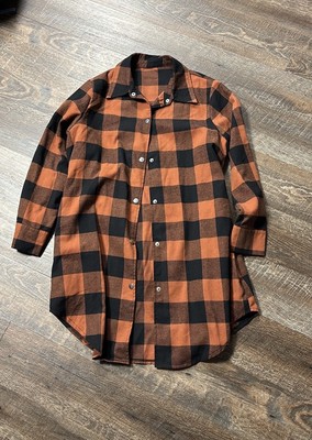 Turn Down Collar Orange and Black Plaid Shirt Coat Sz M