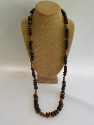 Wood Spotted Long Bead Single Strand Necklace  Brown Toggle Handmade Disc Wooden