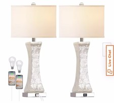 Set of 2 Touch Control Table Lamps, 28-inch Coastal White USB Port LEDs Included