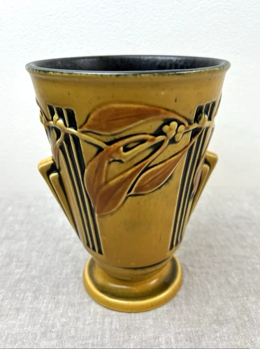 Vtg Roseville Pottery Laurel Yellow 8” Vase Side Handle Arts and Craft NOTES