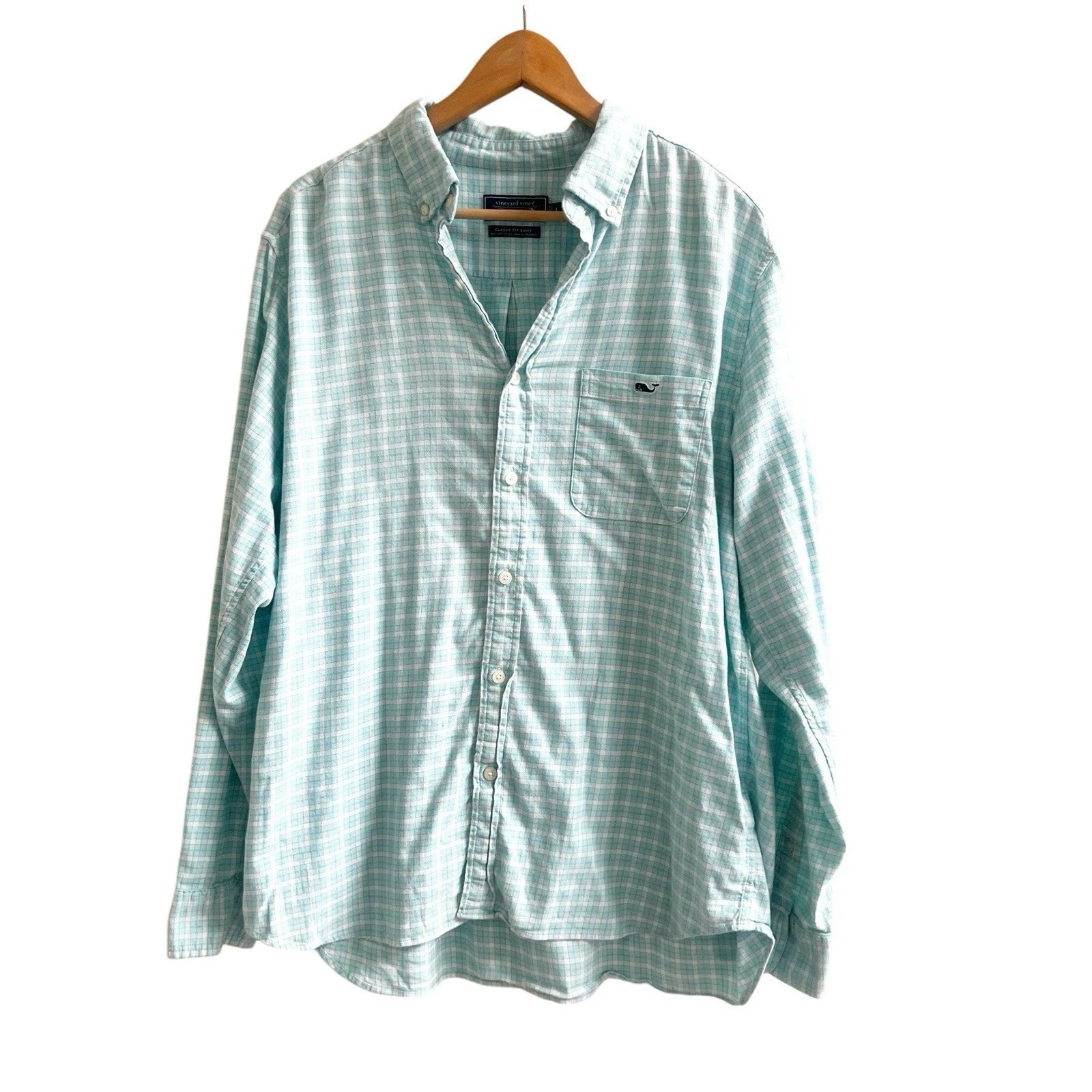 Vineyard Vines Classic Fit Collared Shirt Teal Blue Check Sz Large Cotton Linen