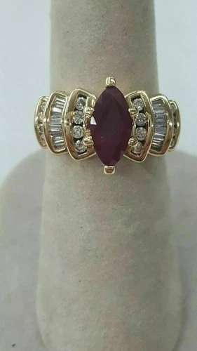 14Ct Marquise Cut Garnet & Lab Created Diamond Anniversary Yellow Gold FN Ring