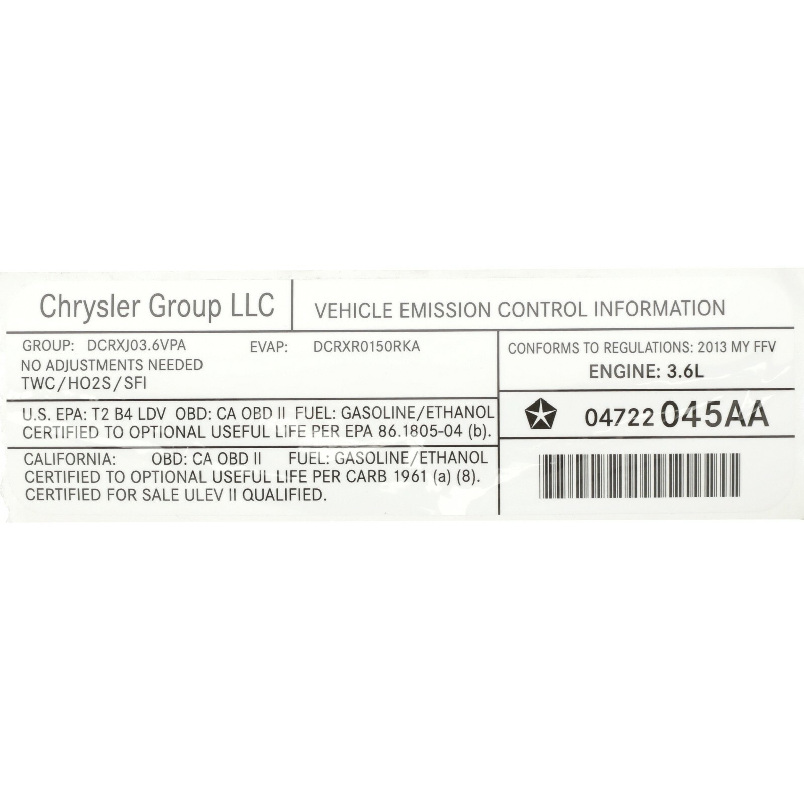 Etiqueta VECI para Chrysler Town & Country/Grand Caravan 2013 (N/P 4722045AA)