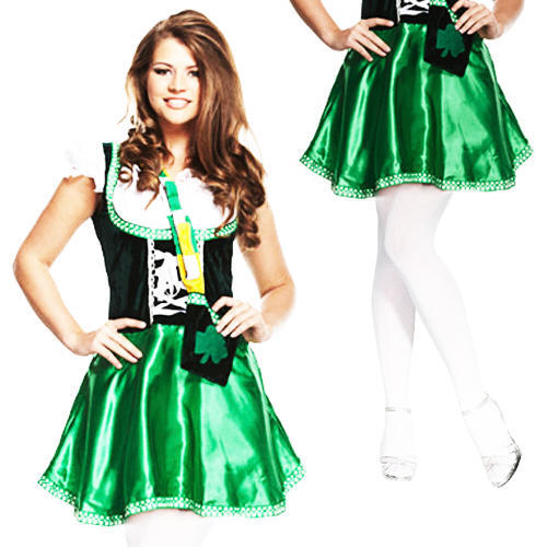 Irish Dress + Tights Ladies Fancy Dress St Patricks Day Womens Costume Outfit