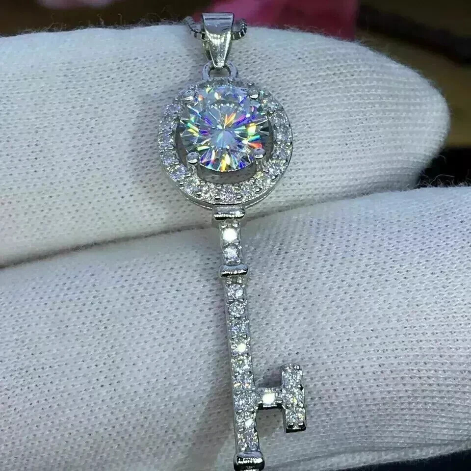 2Ct Real Moissanite Key Pendant With Chain 14k White Gold Plated 925 Silver
