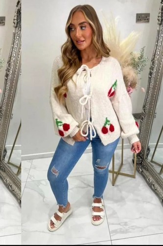 Women’s Ladies Cherry Print Tie Front Fashion Cardigan Knitted Jumper Top - Picture 10 of 16