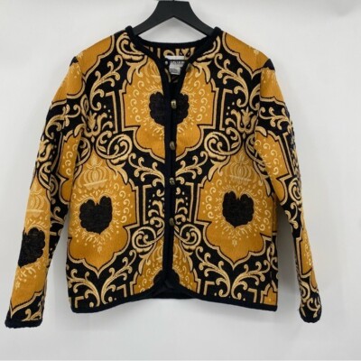 Vintage 90s Graff Jacket Womens Medium Baroque Black Gold Tapestry Button Front
