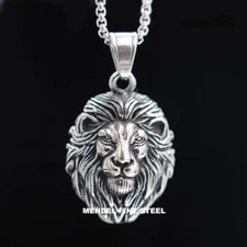 MENDEL Cool Mens Stainless Steel Lion King Head Pendant Necklace Silver For Men