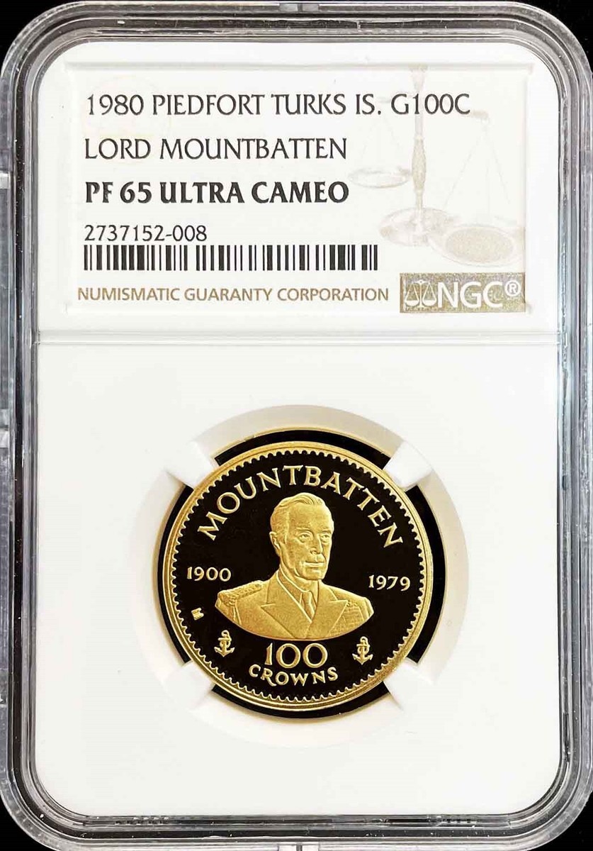 1980 GOLD PIEDFORT 250 MINTED TURKS & CAICOS 100 CROWNS