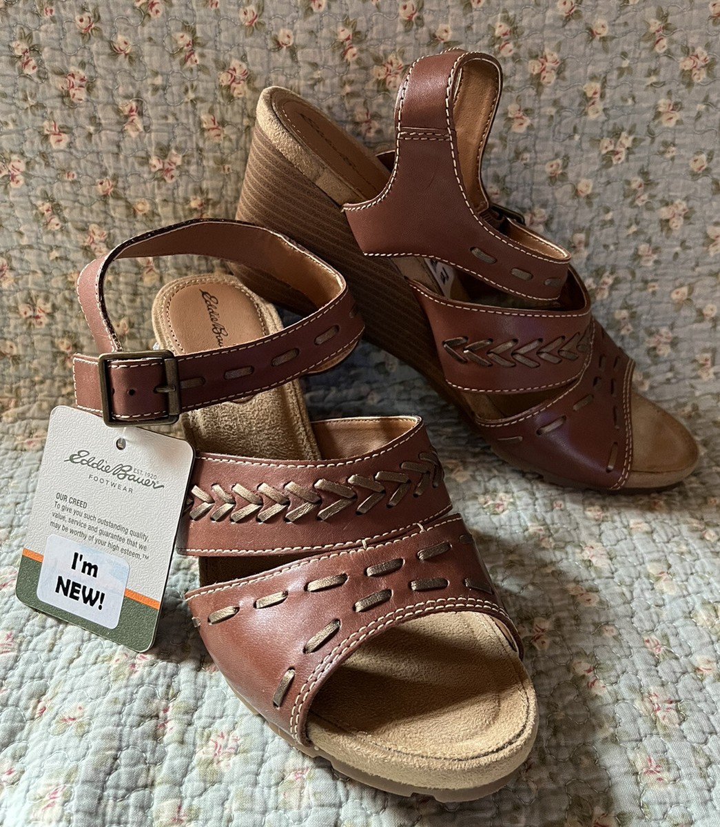 NEW Eddie Bauer Sandals Women Wedge Leather 10 M/B Inspired Tan