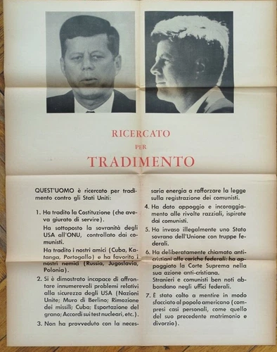JOHN F KENNEDY Wanted For Treason ORIGINAL VINTAGE 1960'S ITALIAN POSTER