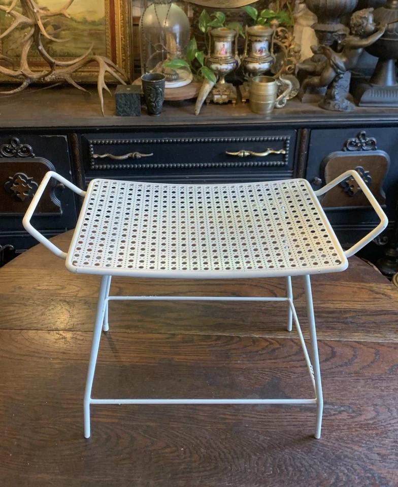Vintage MCM 60er Jahre Salterini Stil Metall Bank Emaille weiß perforiert Hocker Waschtisch - Bild 2 von 4