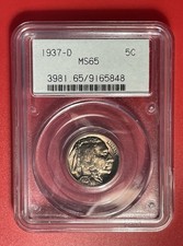 1937 D Buffalo Nickel, PCGS graded MS65, Old Green Holder, OGH.