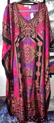 NEW SANTE 2X 3X  KAFTAN CAFTAN  DRESS PINK  PURPLE BLACK & GOLD TIE DYE