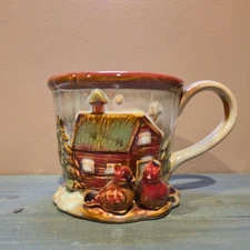 Handcrafted Ceramic Cardinals Mug Planter Snowy Village Scene vintage Christmas
