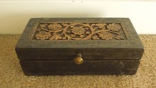 Brown Carved Wooden Floral Trinket Box Rectangular Hinged Lid Brass Accent Pull