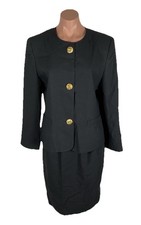 Oleg Cassini Black Suit Jacket Skirt Size 10 Gold Button Evening work Vintage
