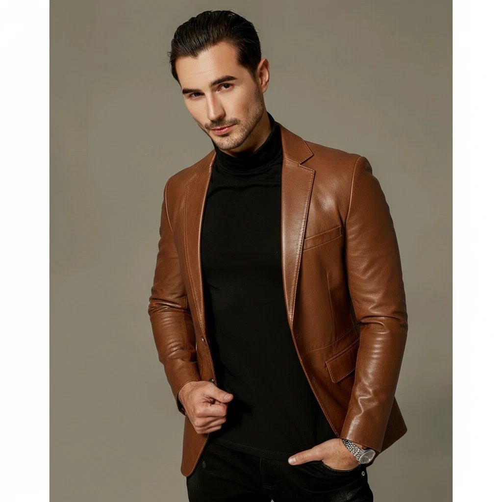 Tan Men's Leather Blazer Genuine Lambskin Two Button Slim Fit Stylish Blazer