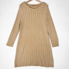 Talbots Oatmeal Cable Knit Button Shoulder Sweater Dress Womens XL Gold Buttons