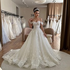 Off Shoulder Sweetheart Ball Gown Wedding Dress Floral Lace Applique Bridal Gown