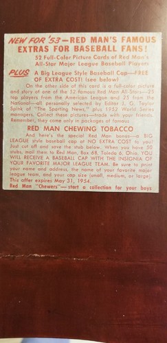 1953 RED MAN TOBACCO AL 6 JACKIE JENSEN VG+ WASHINGTON SENATORS NO TAB - Picture 2 of 2