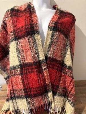 Coco + Carmen Poncho Cape Hooded Khaki Red Plaid Fringe OSFM Super Soft