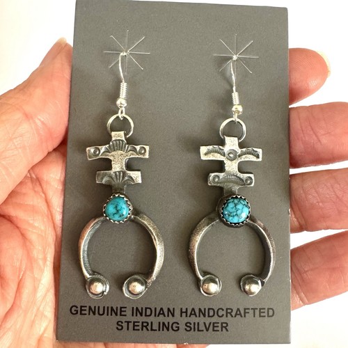 Navajo Naja Turquoise Earrings 2in Billah Sterling Matte Hook 925 Squash Blossom - Picture 2 of 8